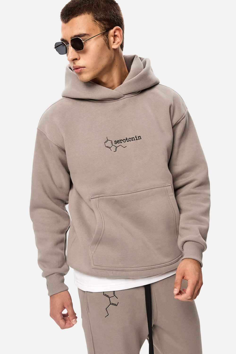 Serotonin Beige Embroidered Fleece Hoodie