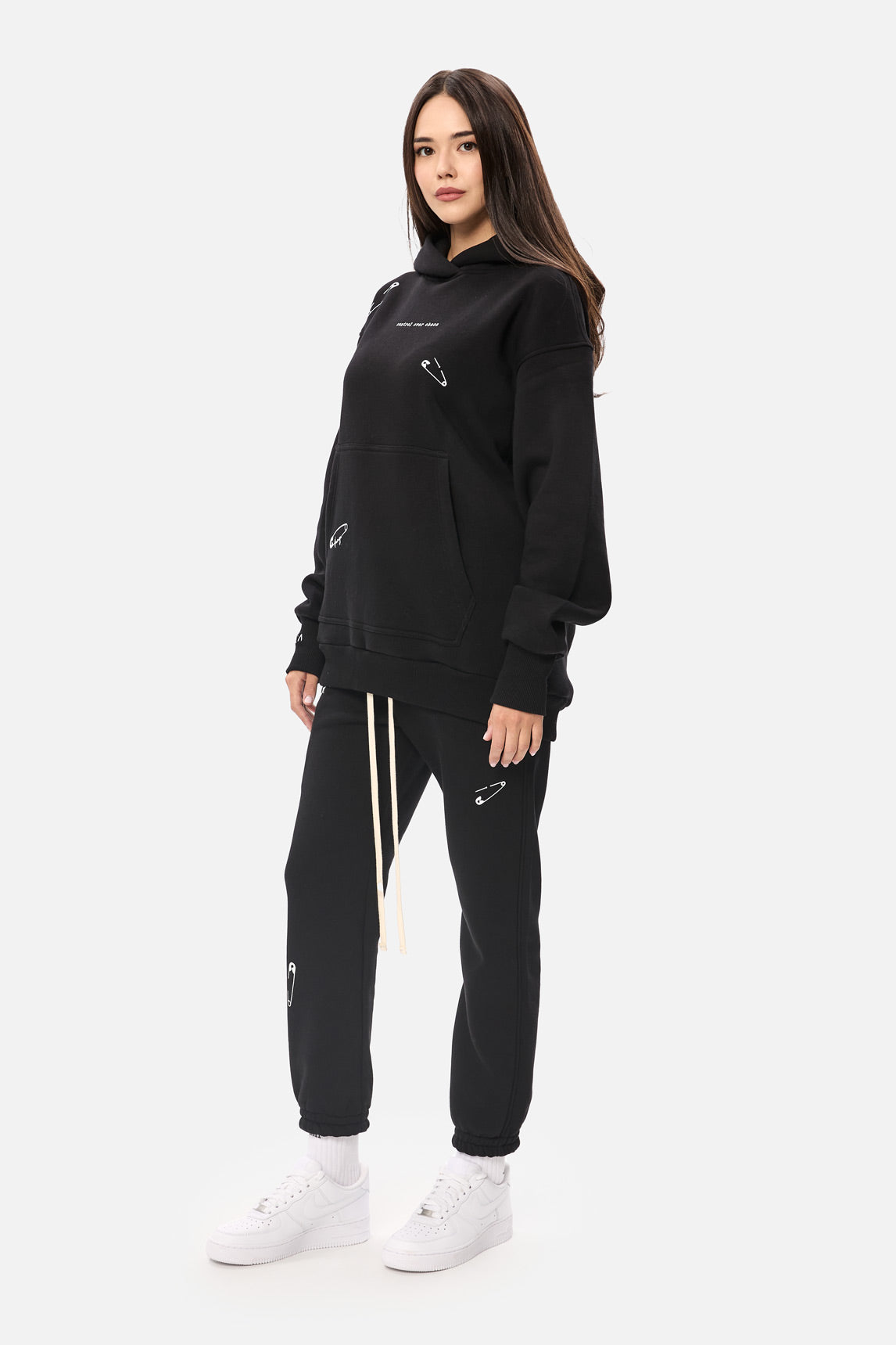 Safety Pin Black Printed  Fleece Tracksuit W