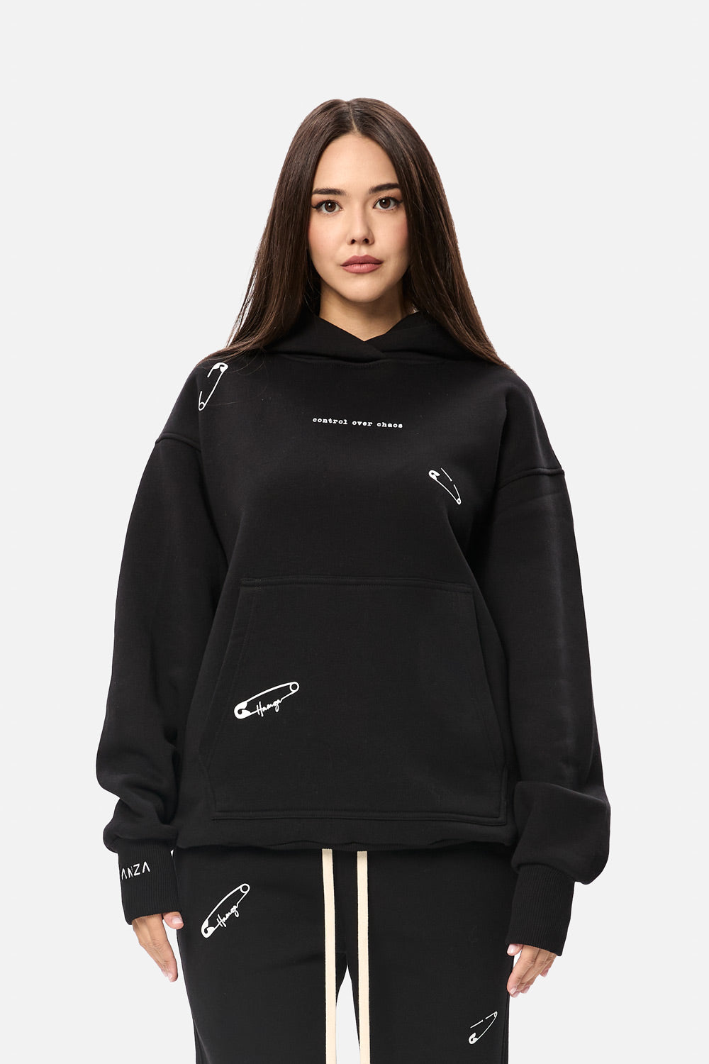 Safety Pin Black Printed Fleece Hoodie W