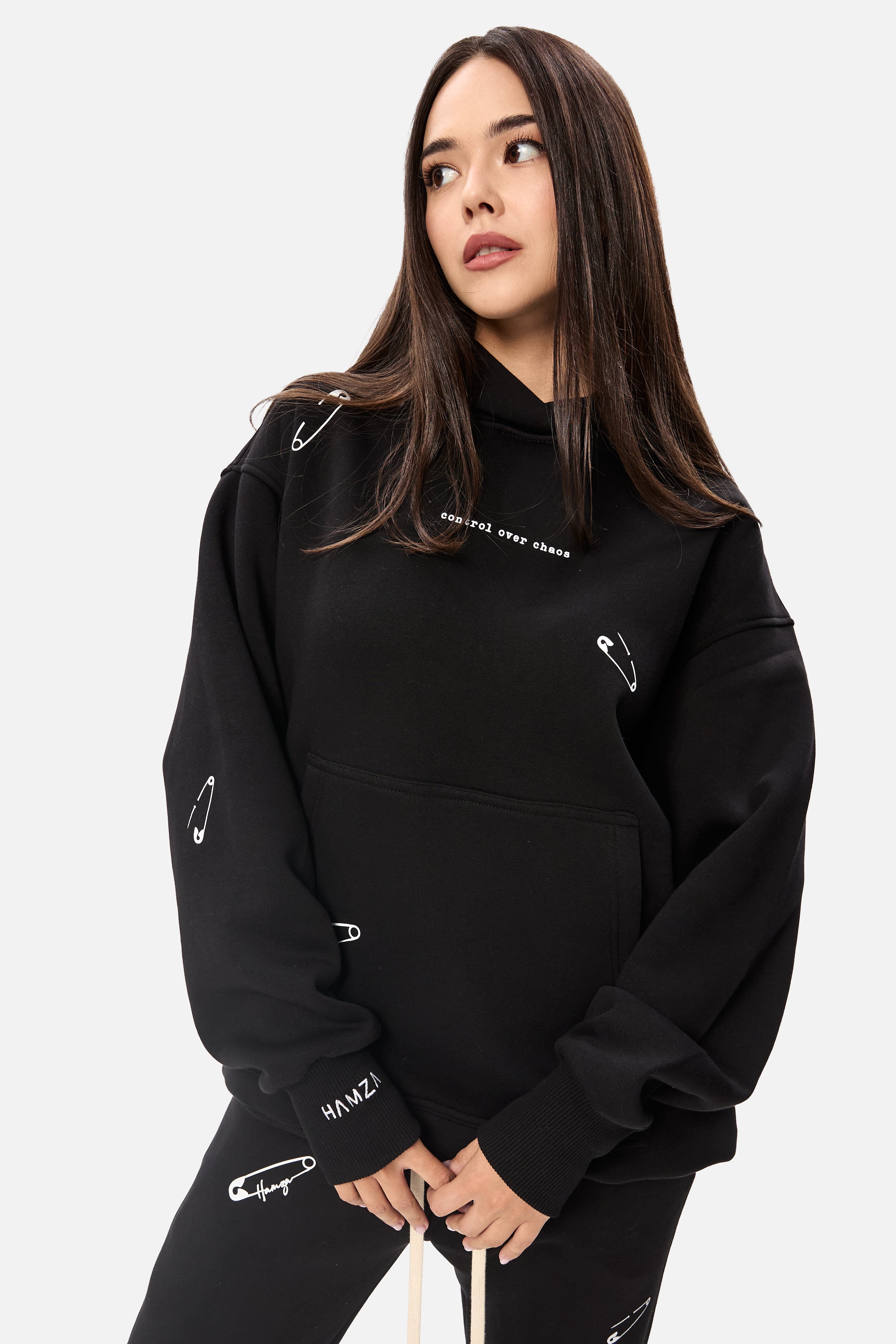 Safety Pin Black Printed Fleece Hoodie W