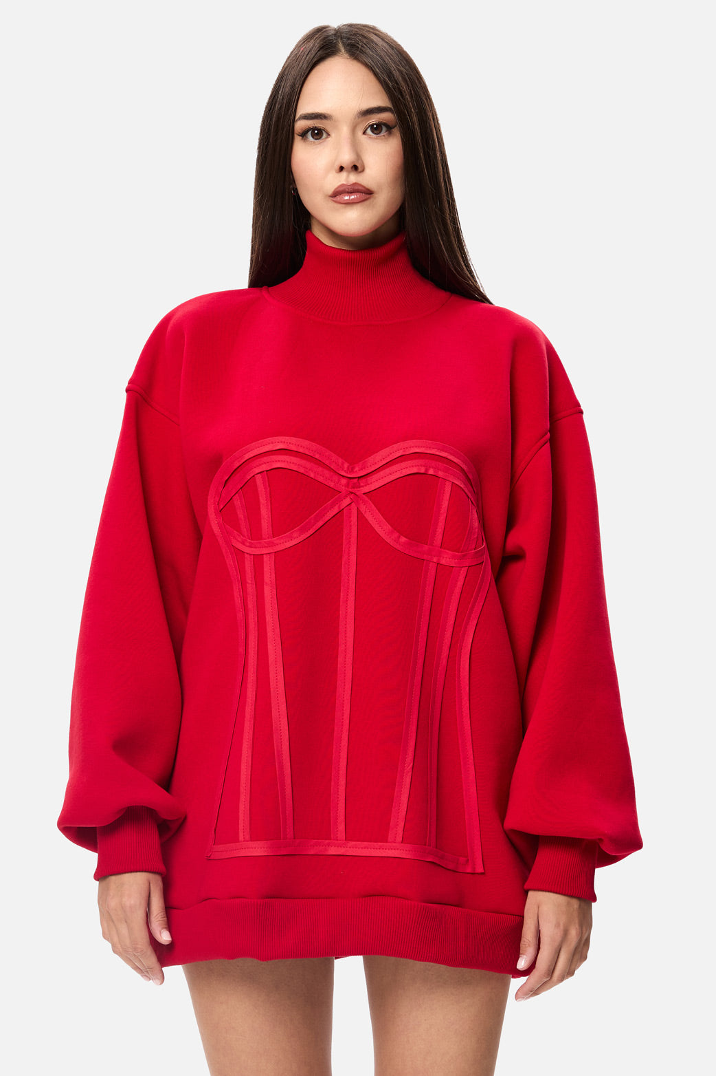 Kora Red Stitched Corset Fleece Turtleneck W