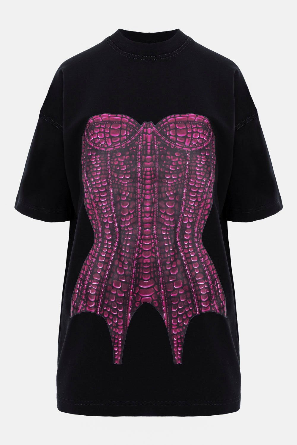 Rochie-tricou damă, neagră, imprimeu corset, bumbac premium, croială oversized, detalii elegante (imprimeu catifelat).