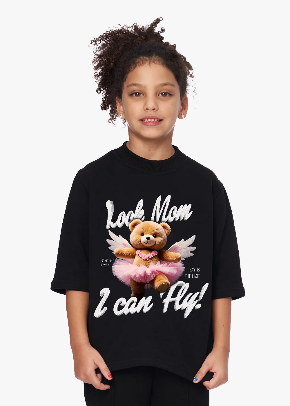 Tricou copii negru "Mom" cu ursuleț aripi și rochiță, mesaj „Look Mom, I Can Fly”
