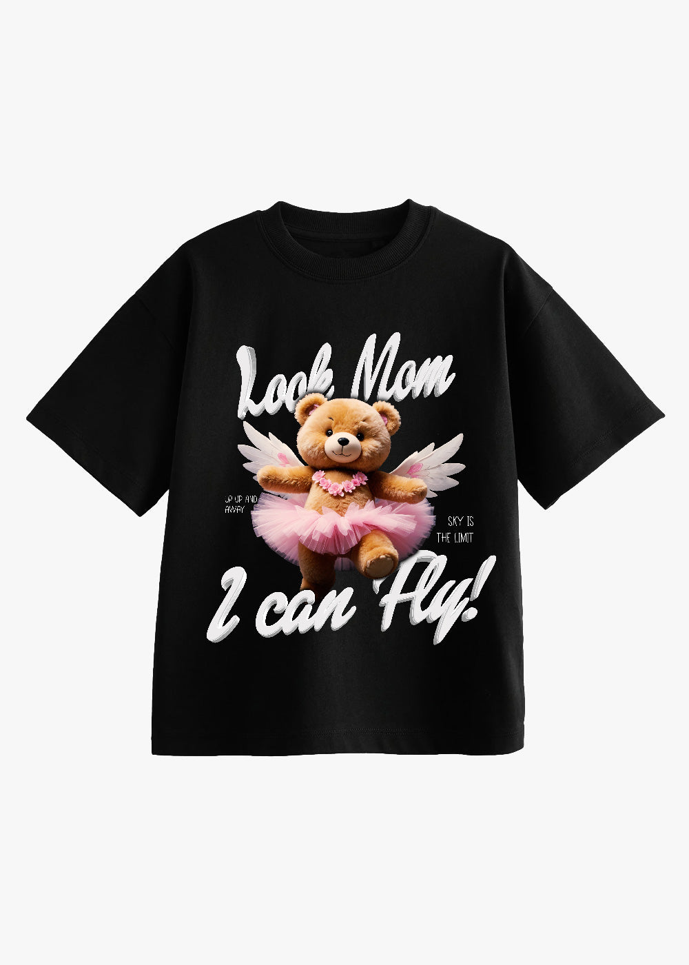 Tricou copii negru "Mom" cu ursuleț aripi și rochiță, mesaj „Look Mom, I Can Fly”
