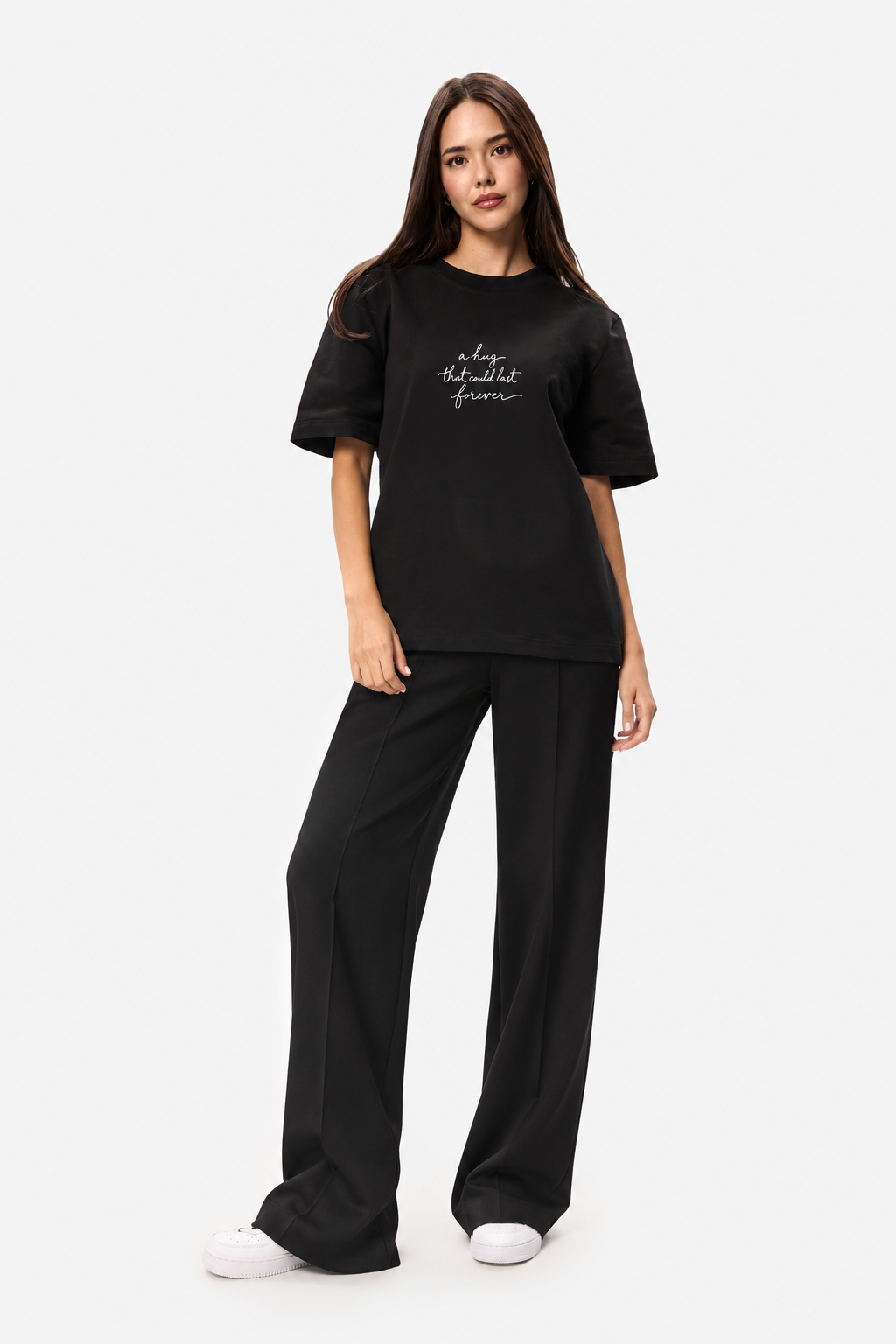 A hug one line black T-shirt