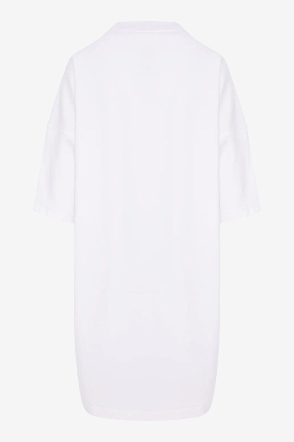 Rochie-tricou damă, albă, imprimeu Lingerie, bumbac premium, croială oversized, detalii elegante (umeri căzuți).