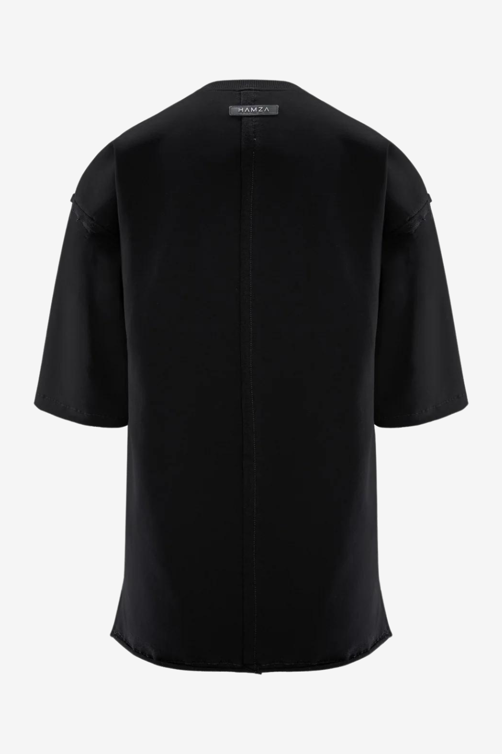 Tricou bărbătesc, negru, bumbac premium, croială oversized, detalii moderne (finișaje crude, cusături decorative).