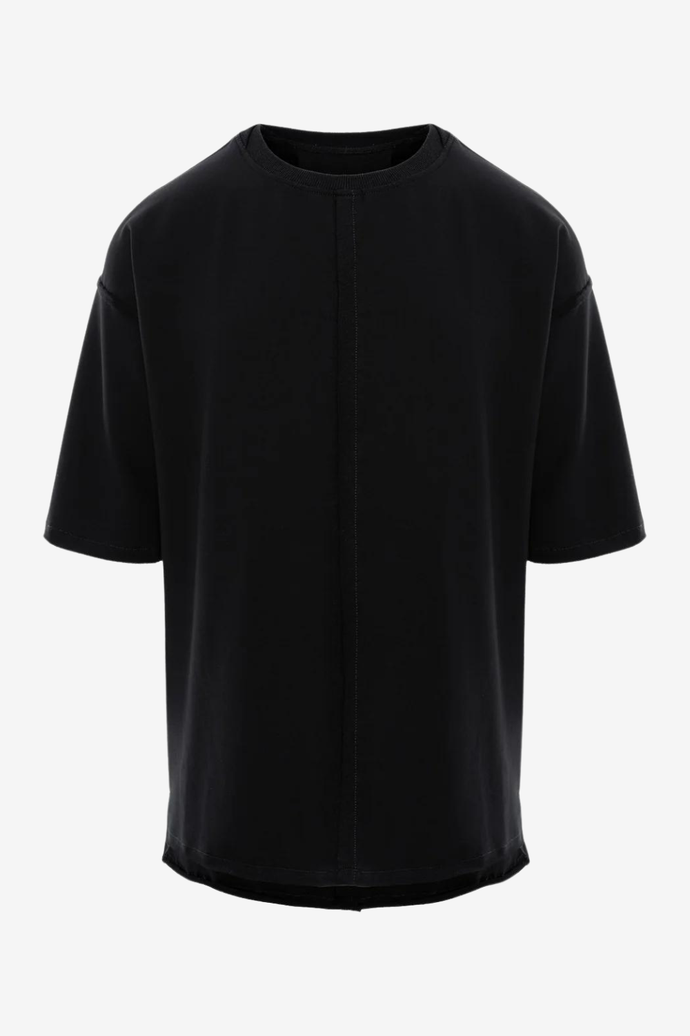 Tricou bărbătesc, negru, bumbac premium, croială oversized, detalii moderne (finișaje crude, cusături decorative).
