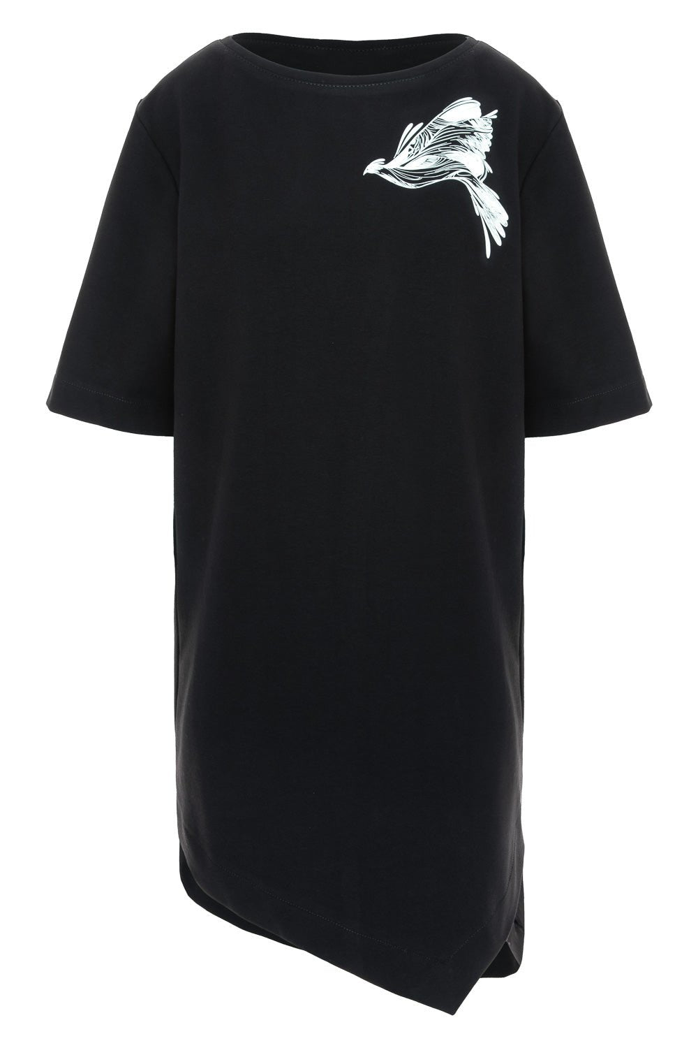 Rochie-tricou damă, neagră, imprimeu Tweetie, bumbac premium, croială lejeră, detalii moderne guler larg, tăietură asimetrică