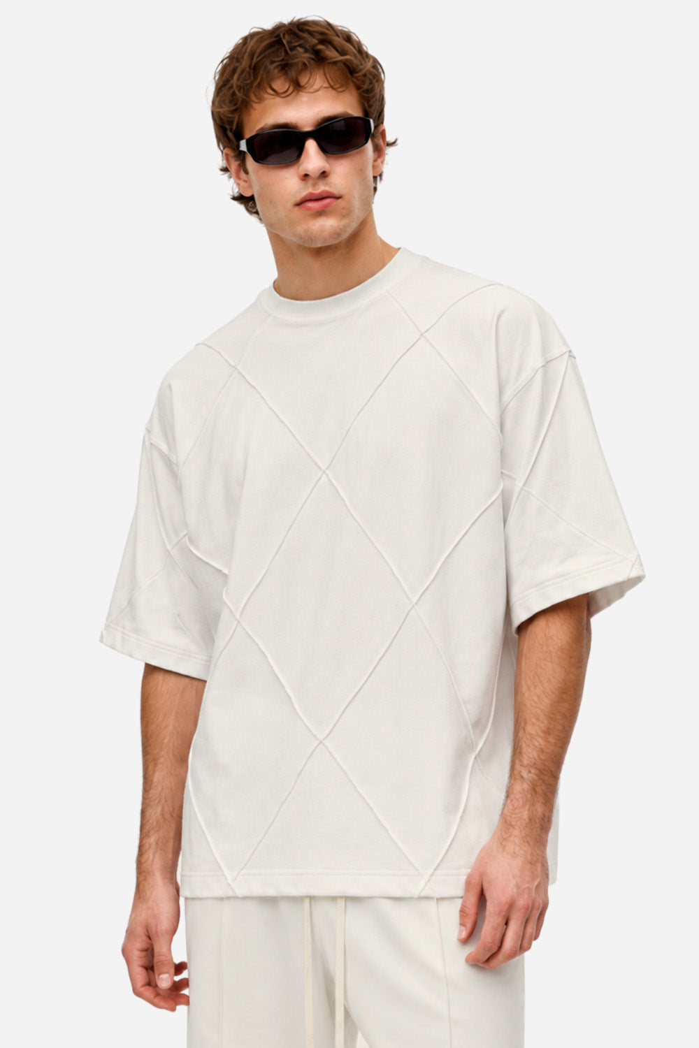 Tricou bărbați off-white din bumbac organic cu cusături decorative, vedere din față